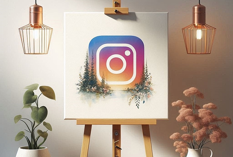 an easel in a minimalist art room with a canvas painting of a watercolour instagram logo